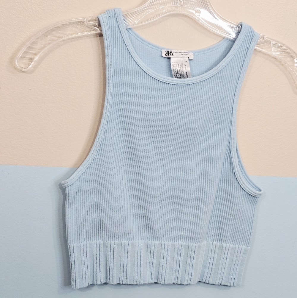 Zara Light Blue Sleeveless Ribbed Crop Top - Picture 3 of 6
